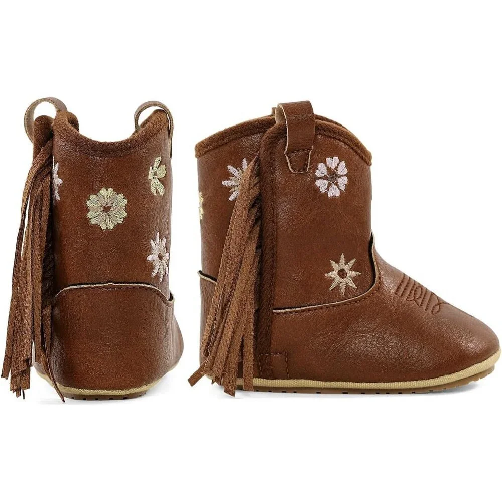 Infant Toddler Brown/Flowers Faux Leather Western Rubber Sole Tassel Booties